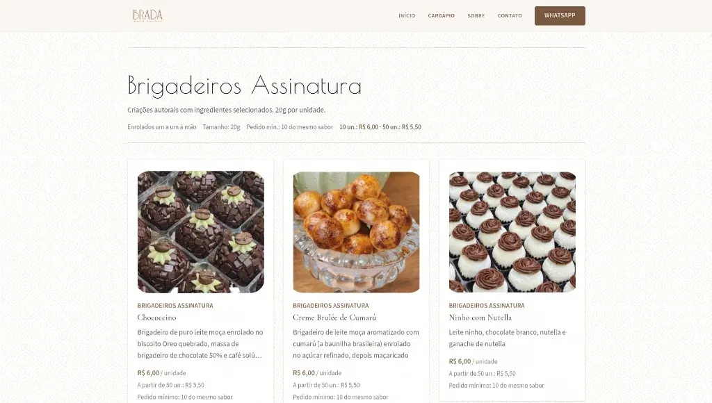 Brada Doçaria: cardápio digital com brigadeiros assinatura, preços e pedido mínimo